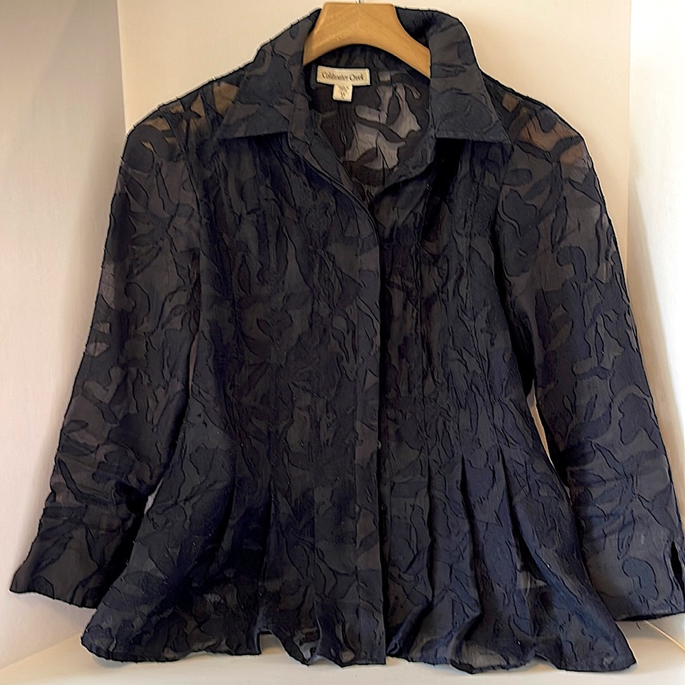 Coldwater Creek Navy Blue Button Down Collared Patterned Blouse - Picture 1 of 6